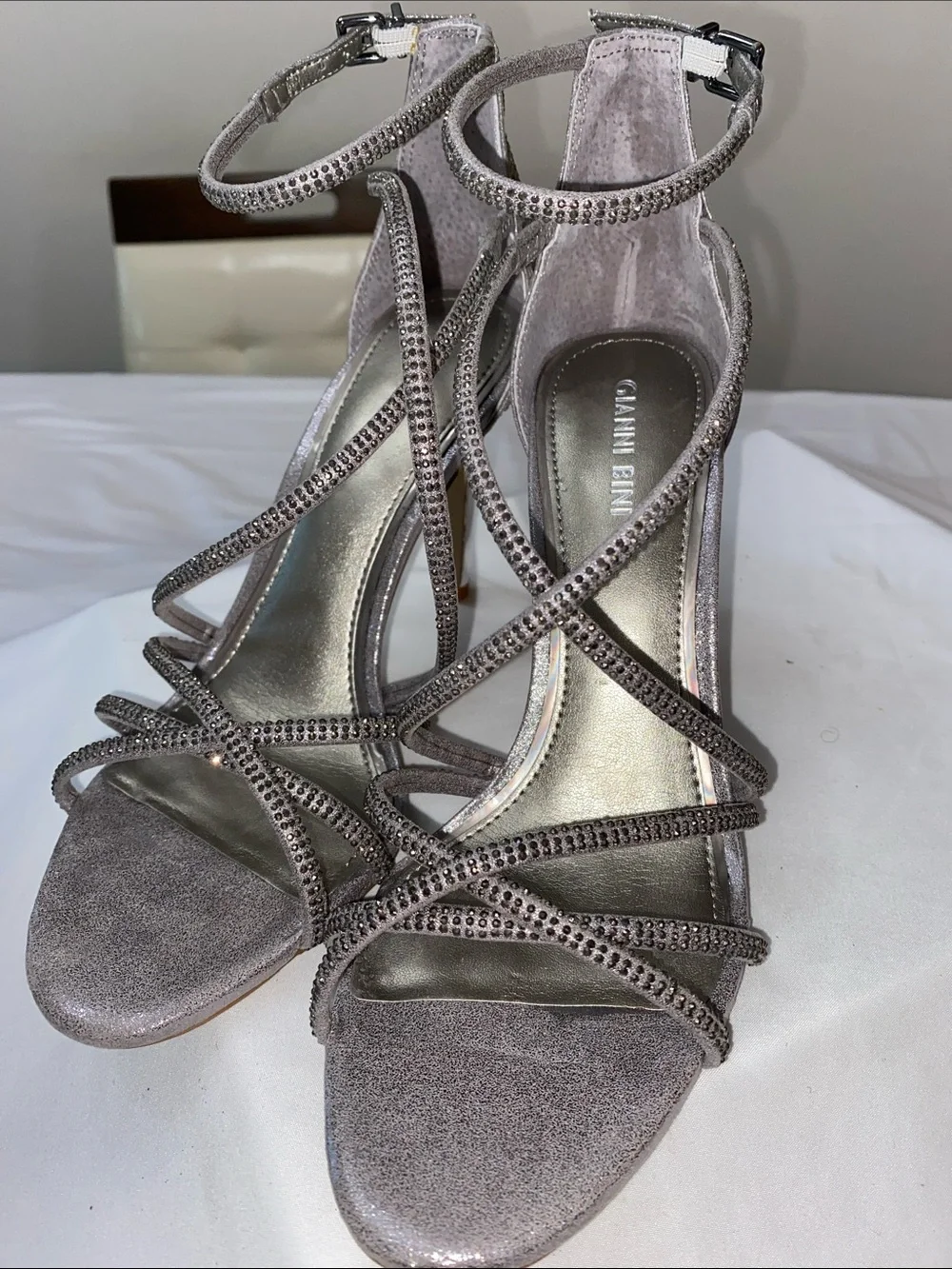 Gianni Bini Pewter Crystal-Strap Open-Toe Heels